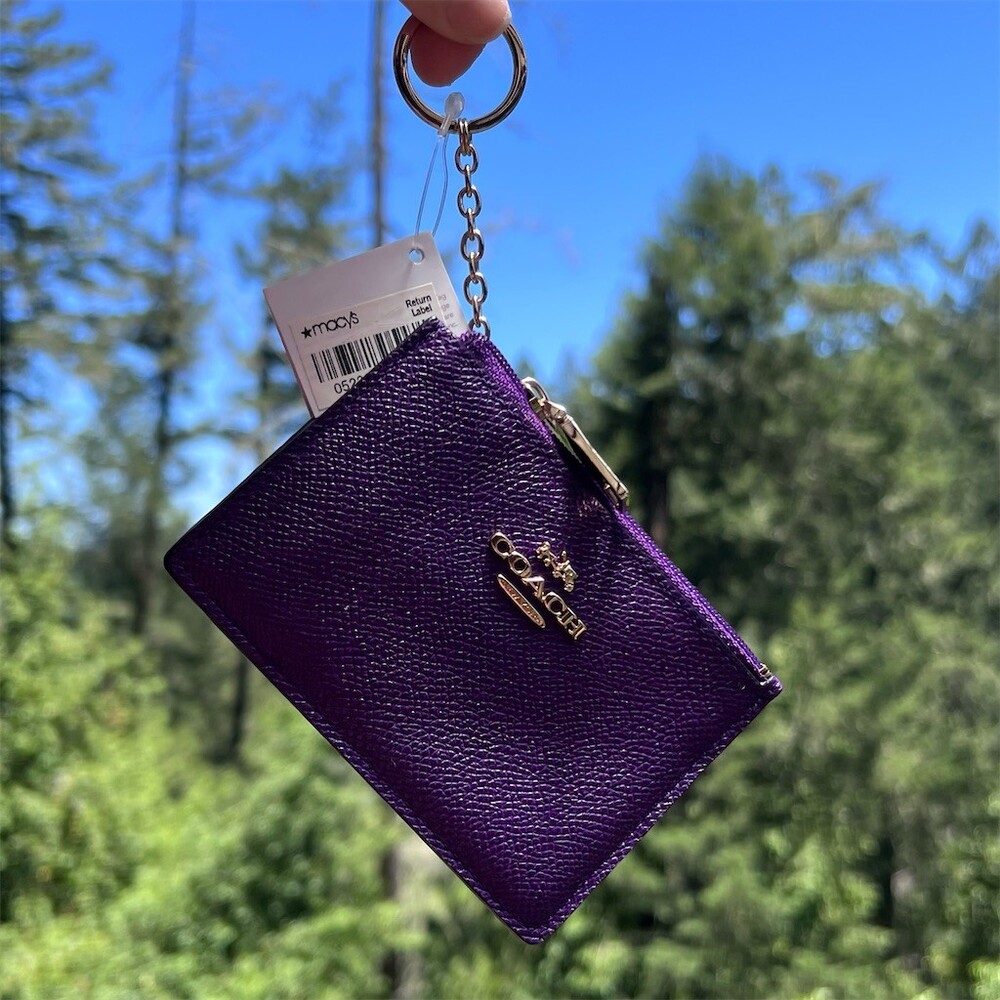 COACH Crossgrain Leather Purple Mini Skinny ID Case Keychain Wallet Gold Hardwre